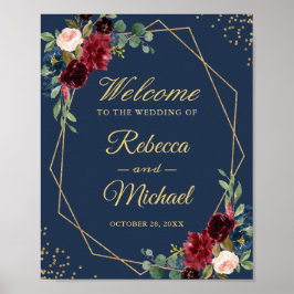 Burgundy Floral Gold Lijst Navy Blue Wedding Sign Poster
