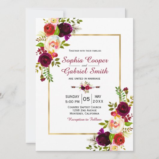 Burgundy Floral Gold Lijst Weddenschap (Voorkant)