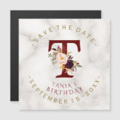 Burgundy Floral Gold Marble Birthday Save the Date Magnetische Uitnodiging (Voorkant / Achterkant)