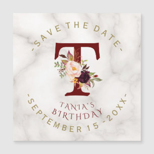 Burgundy Floral Gold Marble Birthday Save the Date Magnetische Uitnodiging