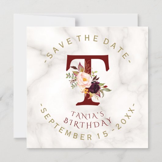 Burgundy Floral Gold Marble Birthday Save the Date Magnetische Uitnodiging (Voorkant)