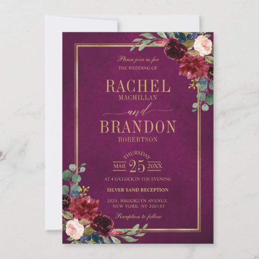 Burgundy Floral Gold Marsala Roze Rustic Wedding I Kaart (Voorkant)