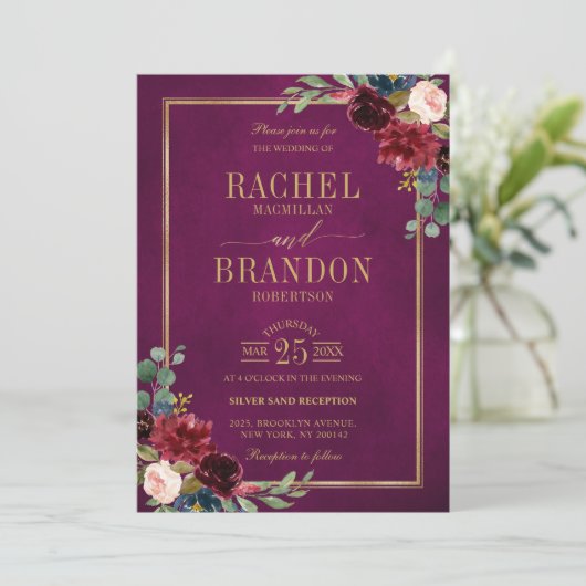 Burgundy Floral Gold Marsala Roze Rustic Wedding I Kaart (Staand voorkant)
