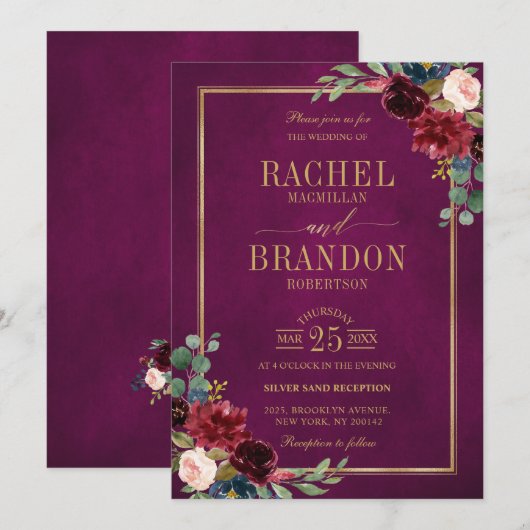 Burgundy Floral Gold Marsala Roze Rustic Wedding I Kaart (Voorkant / Achterkant)