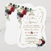 Burgundy Floral Gold Mis Quince Script Quinceañera Kaart (Voorkant / Achterkant)