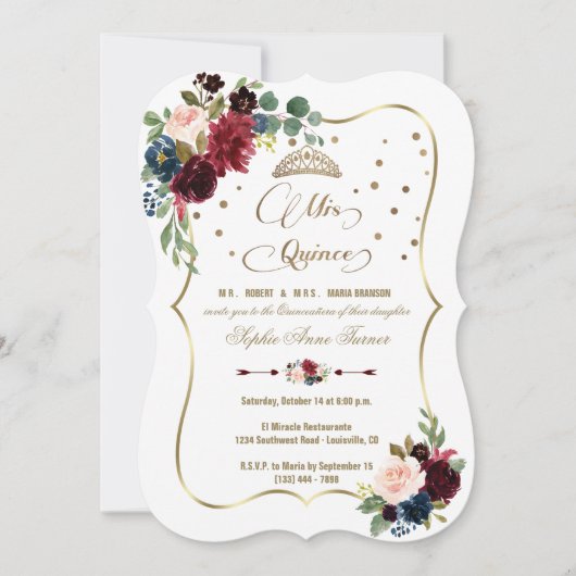 Burgundy Floral Gold Mis Quince Script Quinceañera Kaart (Voorkant)