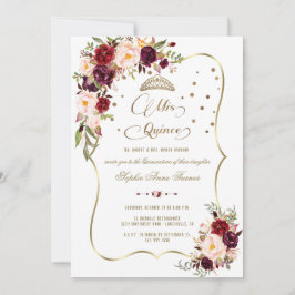 Burgundy Floral Gold Mis Quince Script Quinceañera Kaart