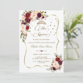 Burgundy Floral Gold Mis Quince Script Quinceañera Kaart (Staand voorkant)
