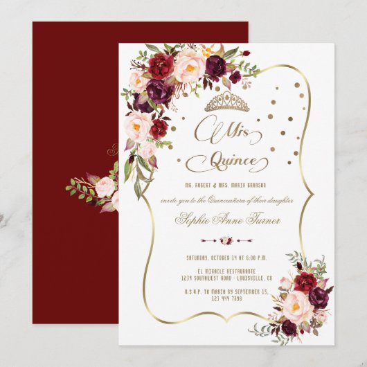 Burgundy Floral Gold Mis Quince Script Quinceañera Kaart (Voorkant / Achterkant)