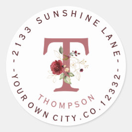 Burgundy Floral Gold Monogram Circular Address Ronde Sticker