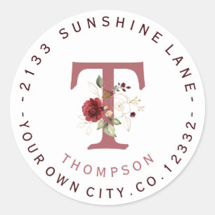 Burgundy Floral Gold Monogram Circular Address Ronde Sticker