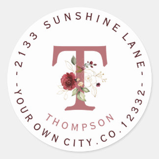 Burgundy Floral Gold Monogram Circular Address Ronde Sticker