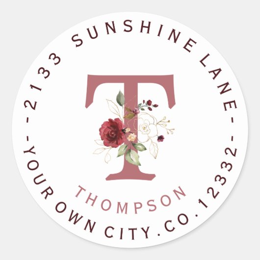 Burgundy Floral Gold Monogram Circular Address Ronde Sticker (Voorkant)