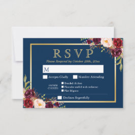 Burgundy Floral Gold Navy Blue Meal Options RSVP Kaartje