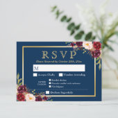 Burgundy Floral Gold Navy Blue Meal Options RSVP Kaartje (Staand voorkant)