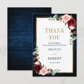 Burgundy Floral Gold Navy Blue Rustic Weddenschap  Bedankkaart (Voorkant / Achterkant)