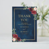 Burgundy Floral Gold Navy Blue Rustic Wedding Bedankkaart (Staand voorkant)