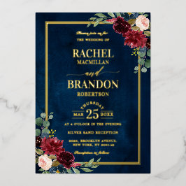 Burgundy Floral Gold Navy Blue Rustic Wedding Folie Uitnodiging
