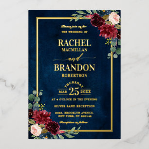 Burgundy Floral Gold Navy Blue Rustic Wedding Folie Uitnodiging