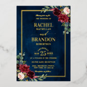 Burgundy Floral Gold Navy Blue Rustic Wedding Folie Uitnodiging (Voorkant)