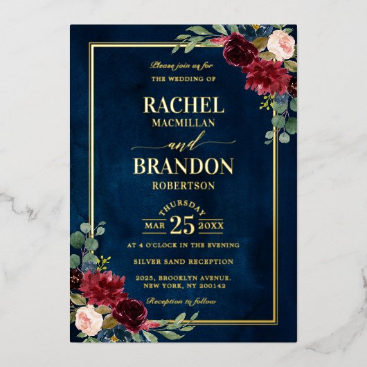 Burgundy Floral Gold Navy Blue Rustic Wedding Folie Uitnodiging (Voorkant)