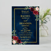 Burgundy Floral Gold Navy Blue Rustic Wedding Folie Uitnodiging (Staand Voorkant)