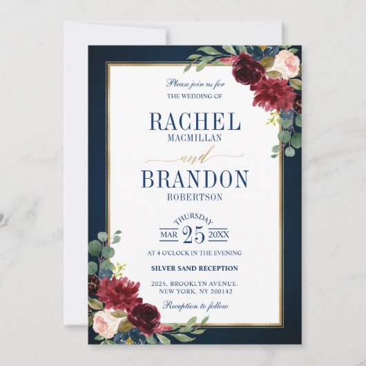 Burgundy Floral Gold Navy Blue Rustic Wedding Invi Kaart (Voorkant)
