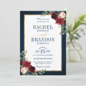 Burgundy Floral Gold Navy Blue Rustic Wedding Invi Kaart (Staand voorkant)