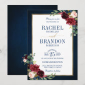 Burgundy Floral Gold Navy Blue Rustic Wedding Invi Kaart (Voorkant / Achterkant)