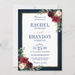 Burgundy Floral Gold Navy Blue Rustic Wedding Invi Kaart