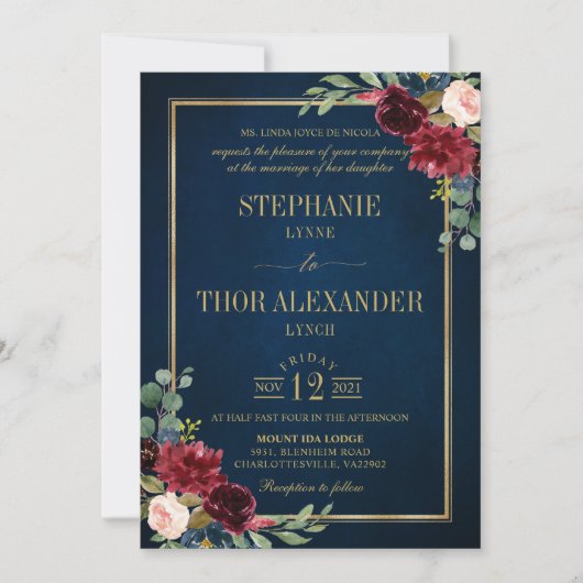 Burgundy Floral Gold Navy Blue Rustic Wedding Invi Kaart (Voorkant)