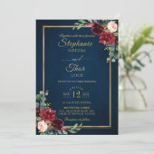 Burgundy Floral Gold Navy Blue Rustic Wedding Invi Kaart (Staand voorkant)