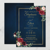 Burgundy Floral Gold Navy Blue Rustic Wedding Invi Kaart (Voorkant / Achterkant)