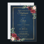 Burgundy Floral Gold Navy Blue Rustic Wedding Invi Kaart<br><div class="desc">Waterverf met een roodbruine roze bruine bruinktbruine sjabloon met gouden lijst en goudlettering met groene botanische bladeren en eucalyptusbladeren tegen een jachblauwe achtergrond. Dit prachtige, eenvoudig aan te passen design kan gemakkelijk worden afgestemd op uw trouwkleuren, -stijlen en -thema en het is een perfecte keuze voor herfst midzomer- of winterbruiloften....</div>