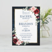 Burgundy Floral Gold Navy Blue Rustic Wedding Invi Kaart (Staand voorkant)