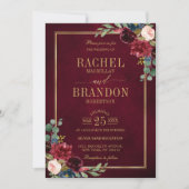Burgundy Floral Gold Navy Blue Rustic Wedding Invi Kaart (Voorkant)