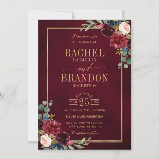 Burgundy Floral Gold Navy Blue Rustic Wedding Invi Kaart (Voorkant)