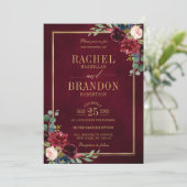 Burgundy Floral Gold Navy Blue Rustic Wedding Invi Kaart (Staand voorkant)