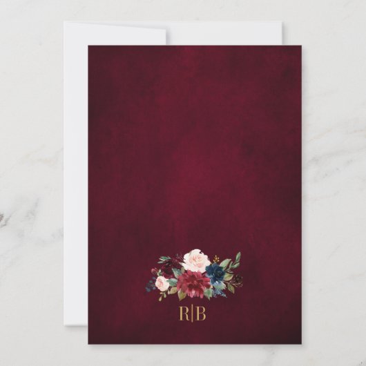 Burgundy Floral Gold Navy Blue Rustic Wedding Invi Kaart (Achterkant)