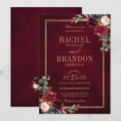 Burgundy Floral Gold Navy Blue Rustic Wedding Invi Kaart (Voorkant / Achterkant)