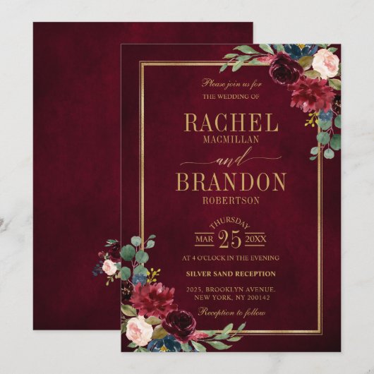 Burgundy Floral Gold Navy Blue Rustic Wedding Invi Kaart (Voorkant / Achterkant)