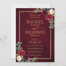 Burgundy Floral Gold Navy Blue Rustic Wedding Invi Kaart