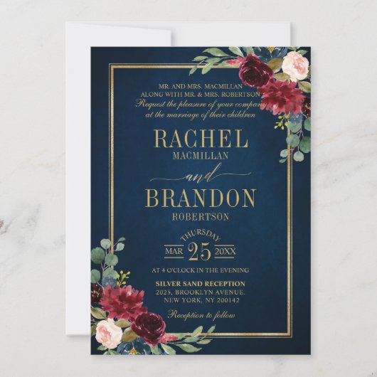 Burgundy Floral Gold Navy Blue Rustic Wedding Invi Kaart (Voorkant)