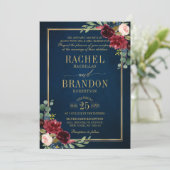 Burgundy Floral Gold Navy Blue Rustic Wedding Invi Kaart (Staand voorkant)