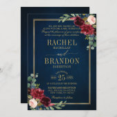 Burgundy Floral Gold Navy Blue Rustic Wedding Invi Kaart (Voorkant / Achterkant)