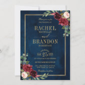 Burgundy Floral Gold Navy Blue Rustic Wedding Kaart (Voorkant)