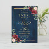Burgundy Floral Gold Navy Blue Rustic Wedding Kaart (Staand voorkant)