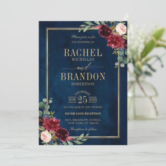 Burgundy Floral Gold Navy Blue Rustic Wedding Kaart (Staand voorkant)