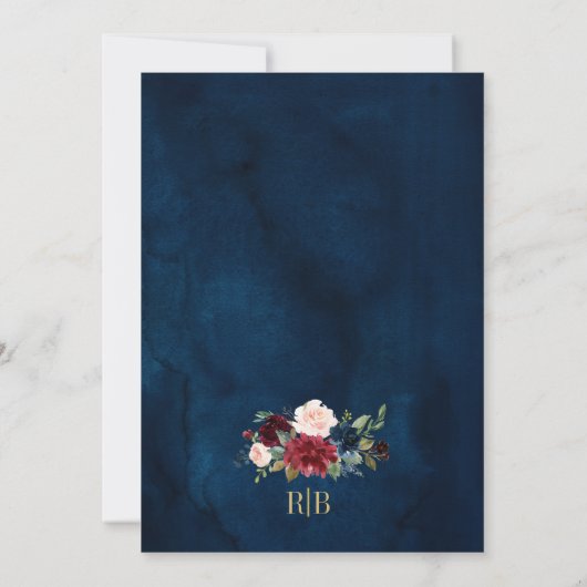 Burgundy Floral Gold Navy Blue Rustic Wedding Kaart (Achterkant)