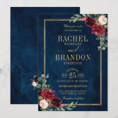 Burgundy Floral Gold Navy Blue Rustic Wedding Kaart (Voorkant / Achterkant)